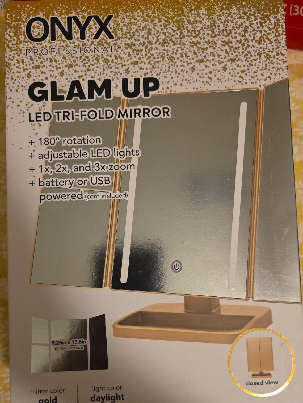 Onyx Gold LED Tri-Fold Vanity Mirror with Touch Control